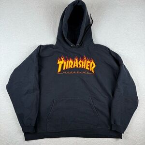 Vintage Thrasher Magazine Flames Hoodie Men's XL Y2K Black Skate Skateboard
